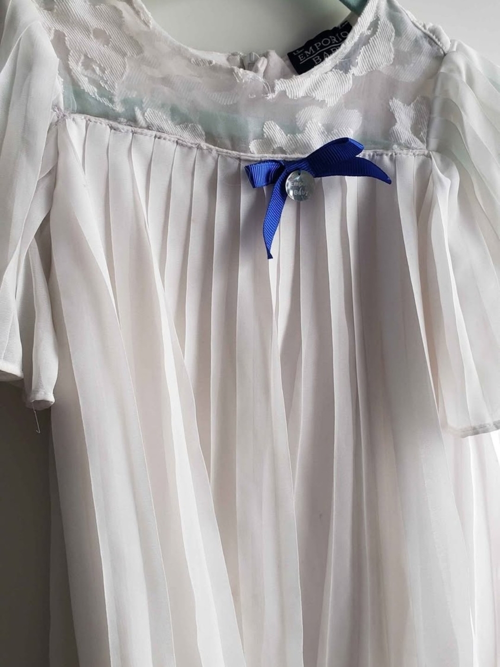 Emporio Armani Girls White Pleated Chemise with Blue Ribbon Accent
